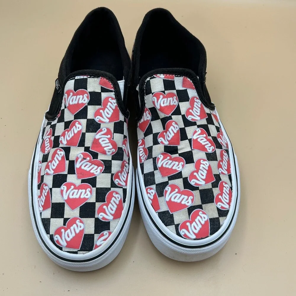 Vans Slip-On Checkerboard Heart Print Sneakers - Black/Red